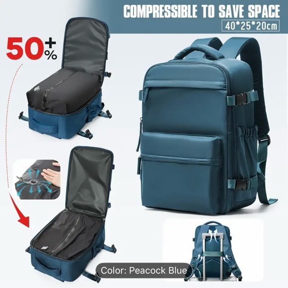 40x25x20 cm Vacuum Compression Travel Backpack Flight Approved, Peacock Blue - Picture 1 of 7